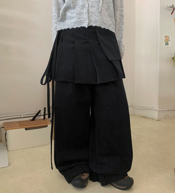 Honin banding pleated wrap skirt frill wide pants